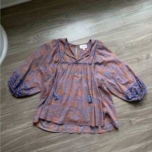 Cleobella Amarillis Floral Block Print 100% Organic Cotton Peasant Blouse Sz M